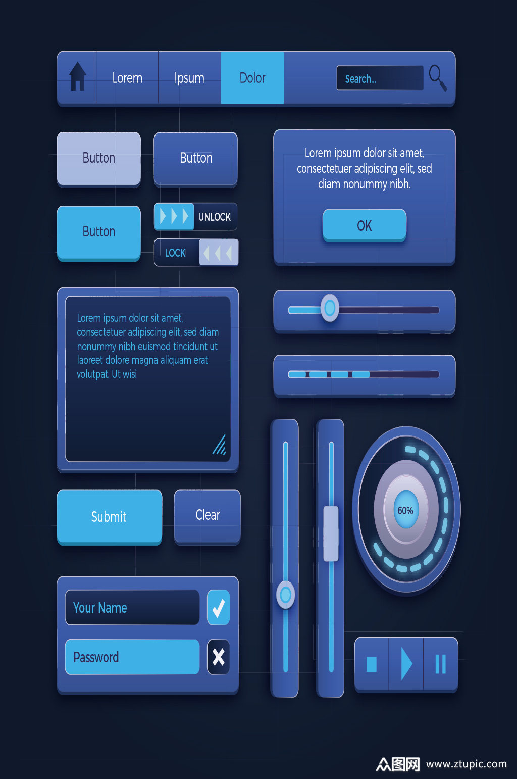 创意矢量蓝色科技感按钮元素设计