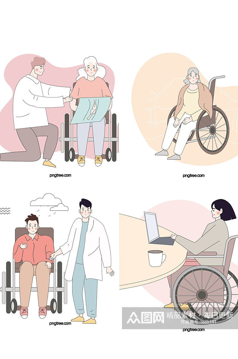 创意扁平化轮椅老人生病办公元素设计 养老院元素素材