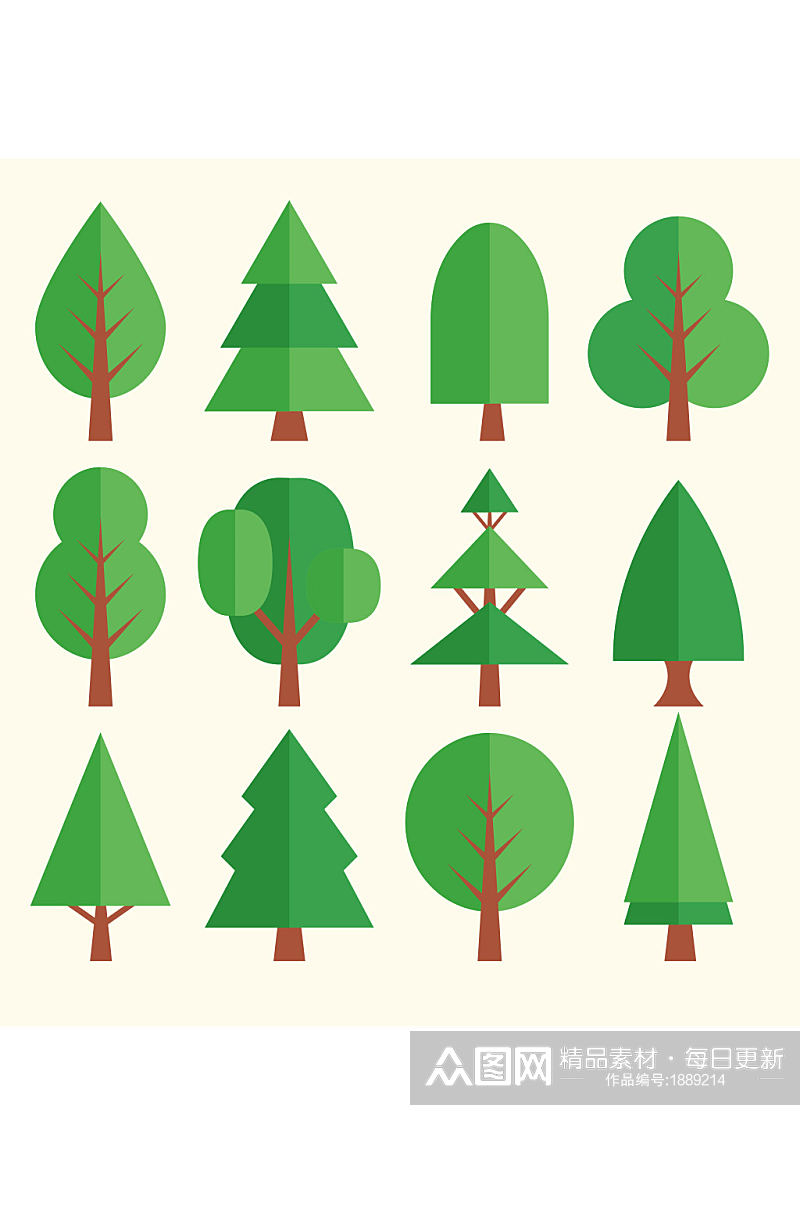 创意质感扁平化绿色卡通树木素材