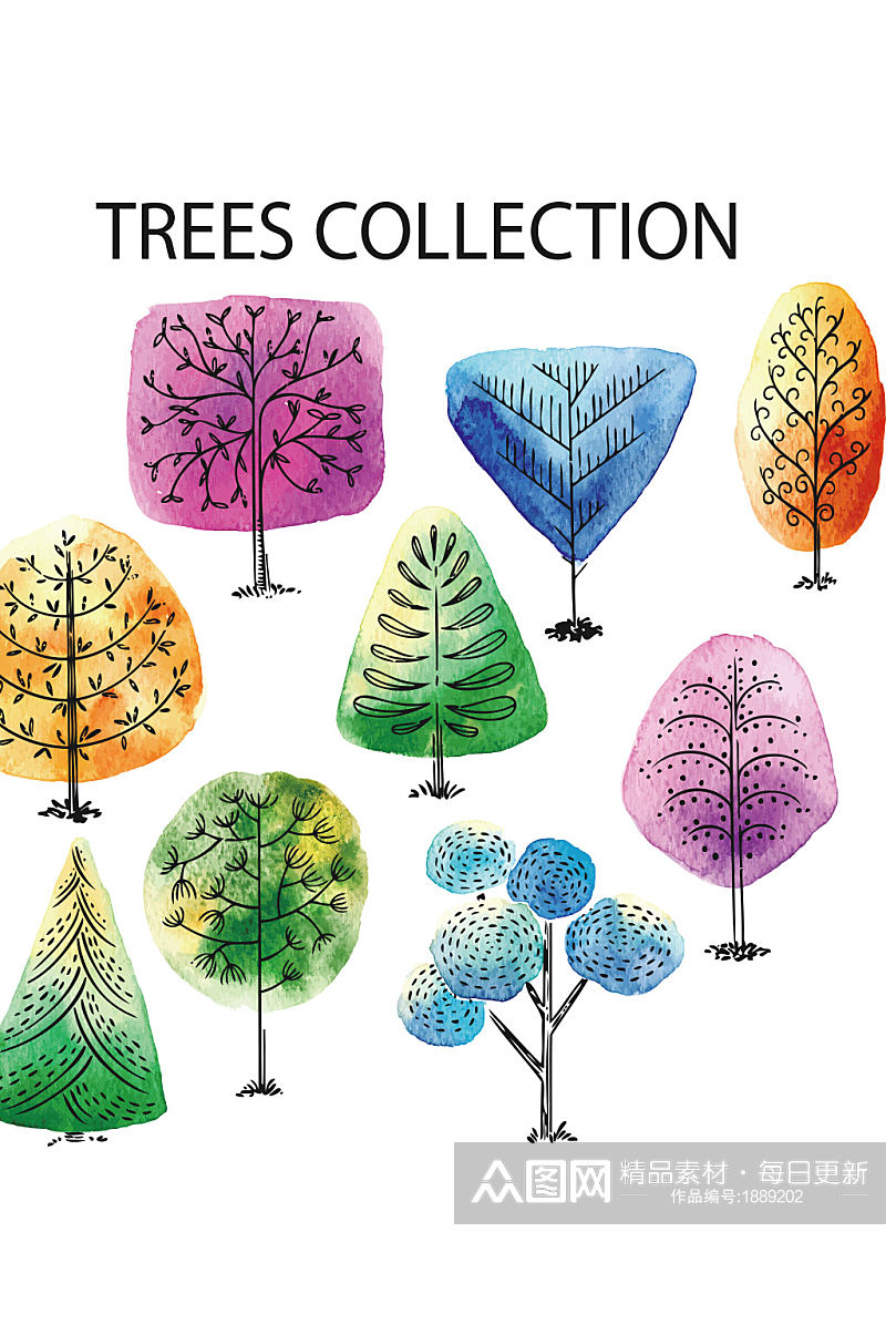 创意质感手绘彩色树木小树苗元素素材