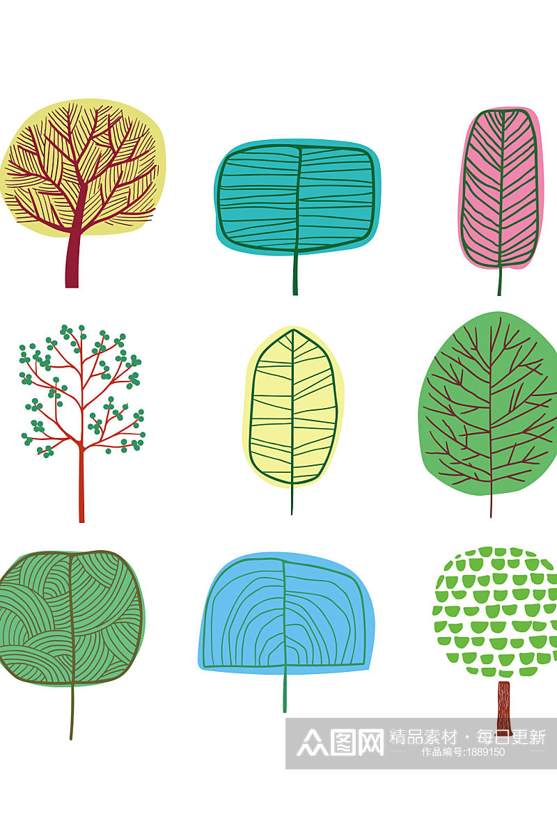 创意质感彩色卡通手绘树木树叶元素素材