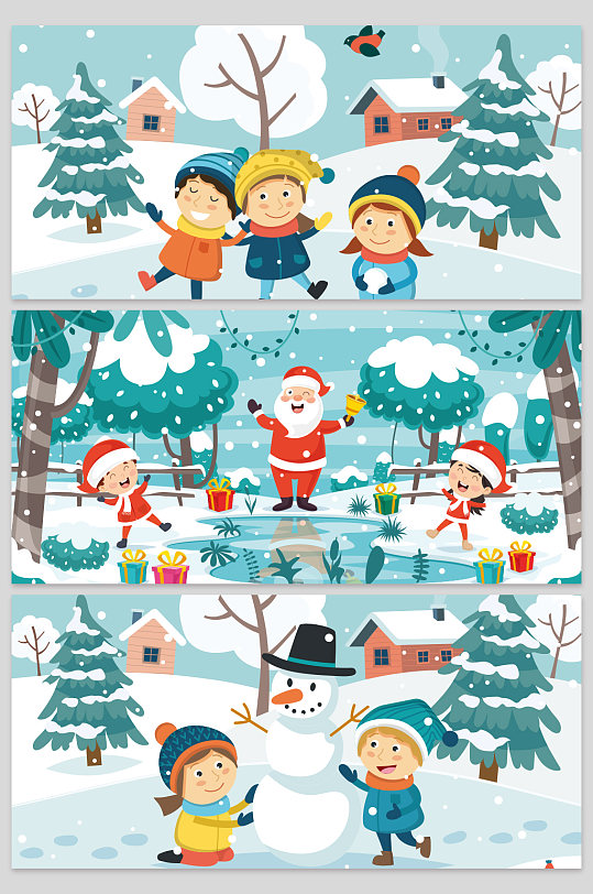 创意矢量下雪堆雪人圣诞老人背景设计