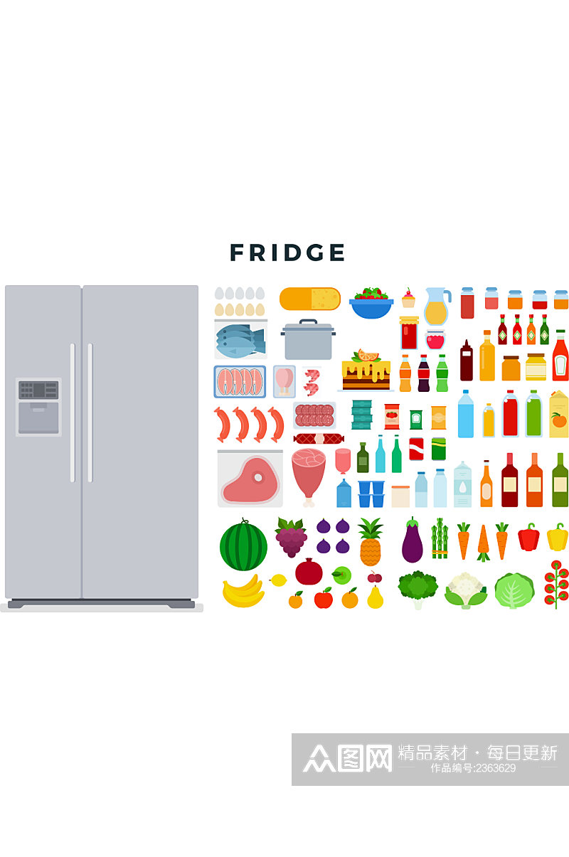 创意质感饮料冰箱蛋糕蔬菜水果元素设计素材