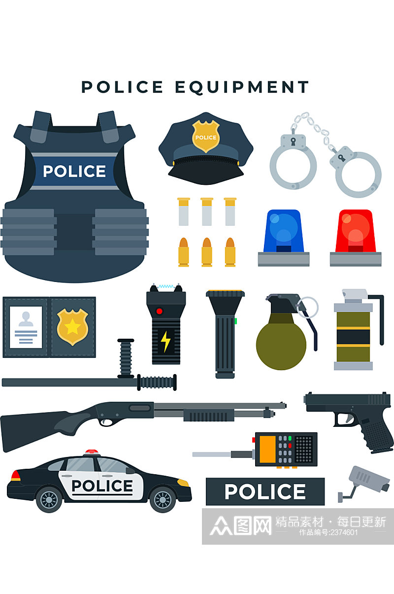 创意质感汽车警车枪警察衣服元素设计素材