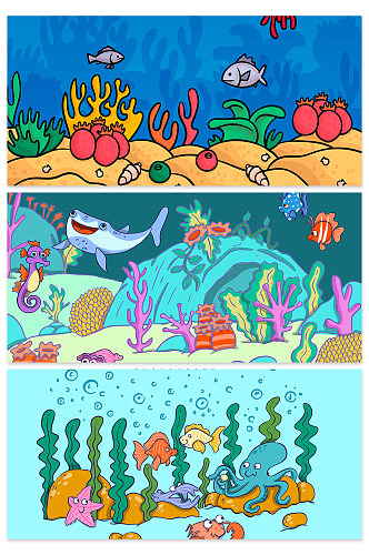 创意质感矢量卡通鱼类虾米背景设计