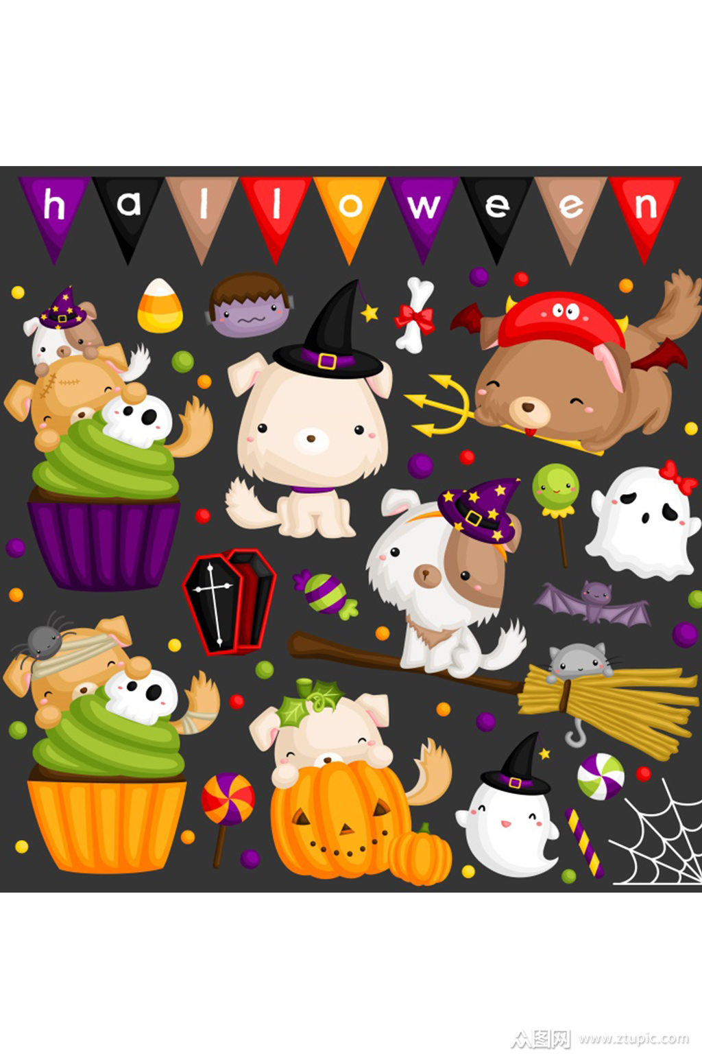 创意矢量彩色卡通动物小狗元素素材