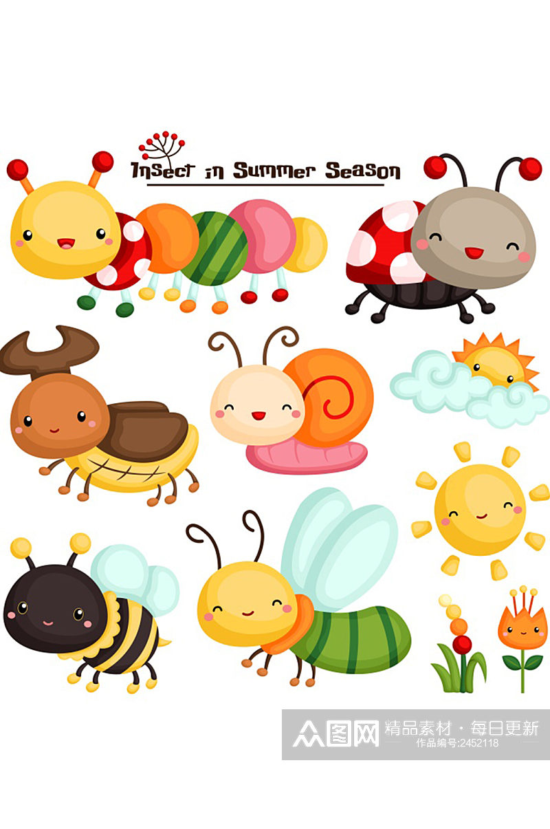 创意质感彩色卡通蜜蜂蚂蚁动物元素设计素材