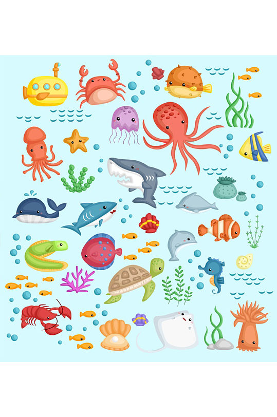 创意矢量海底动物乌龟小鱼章鱼大虾元素