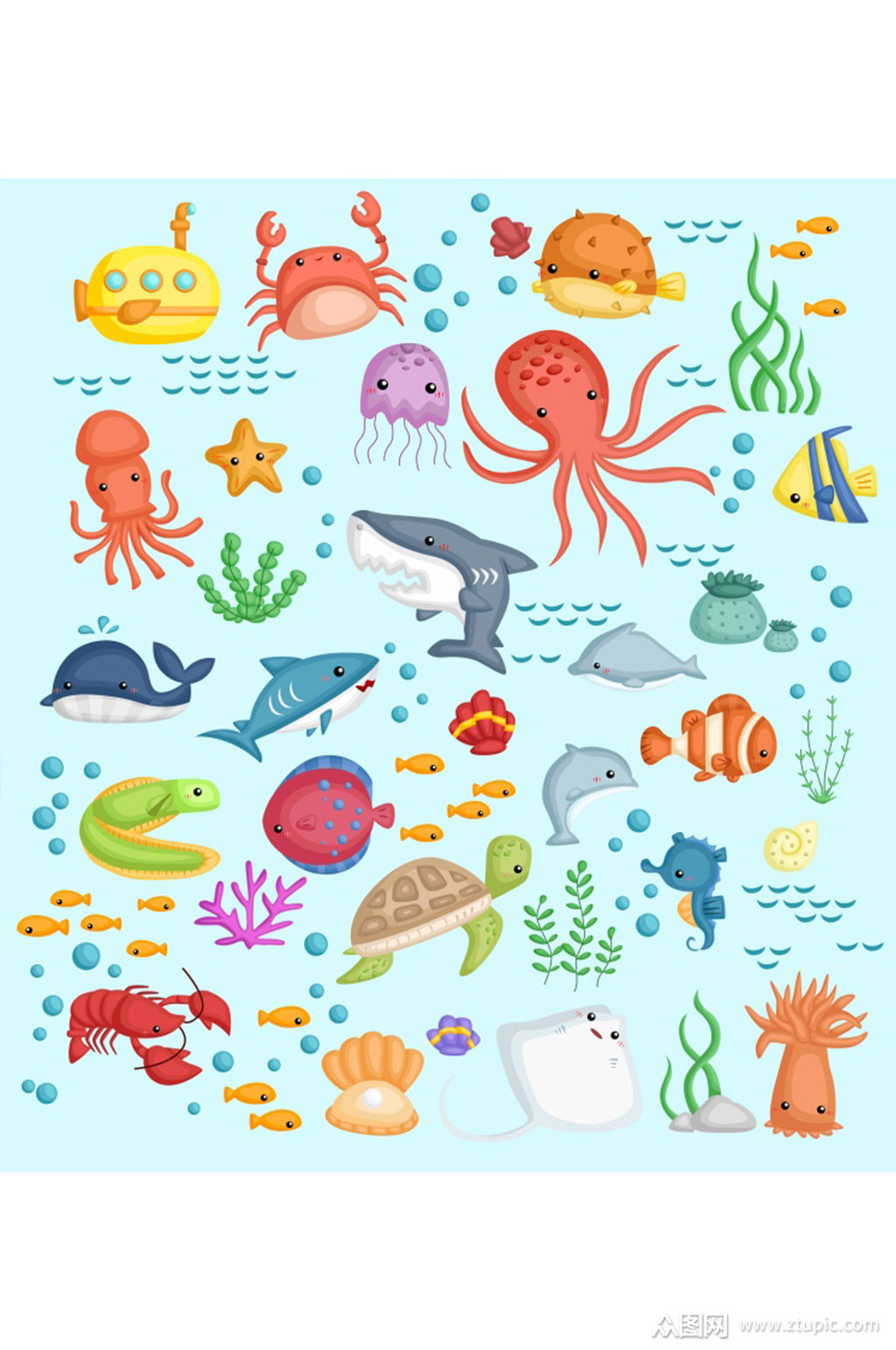 创意矢量海底动物乌龟小鱼章鱼大虾元素素材