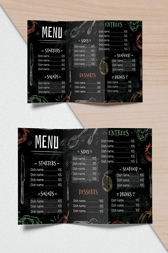 创意黑色质感美食餐单三折页设计