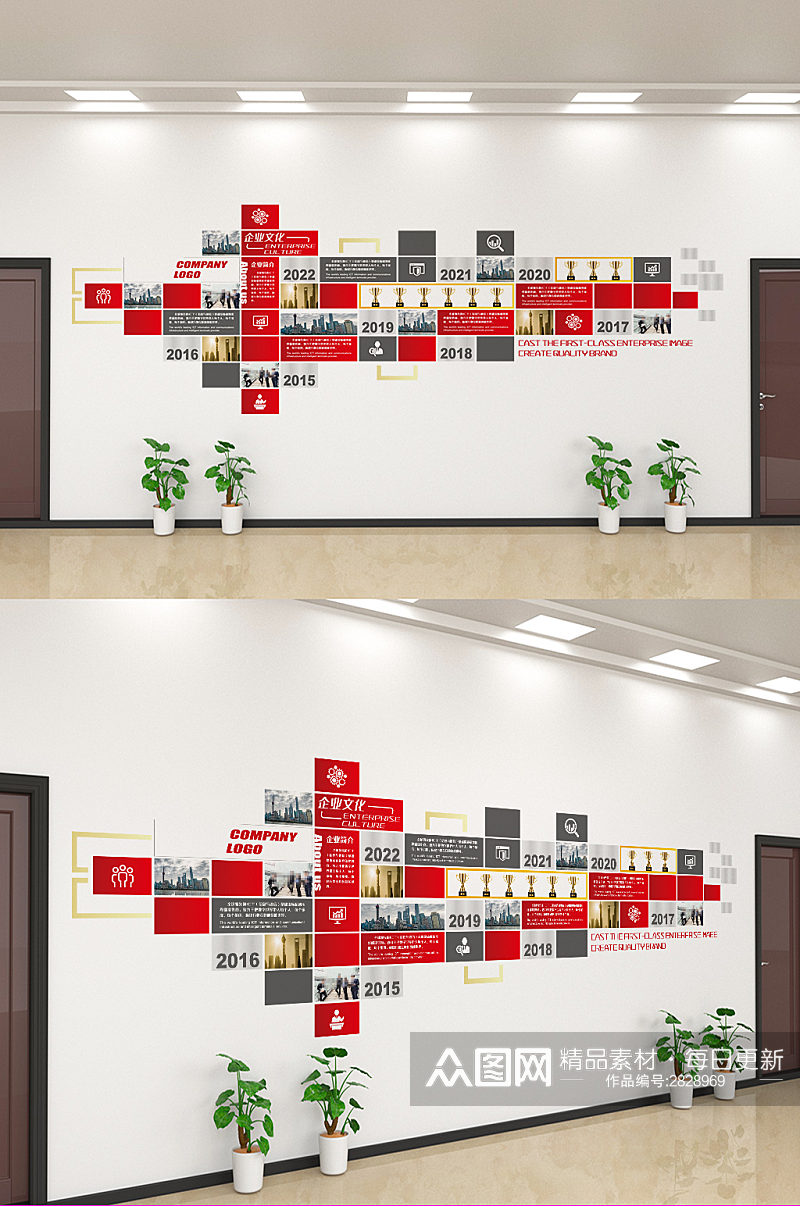 红色大气企业文化发展历程文化墙设计素材
