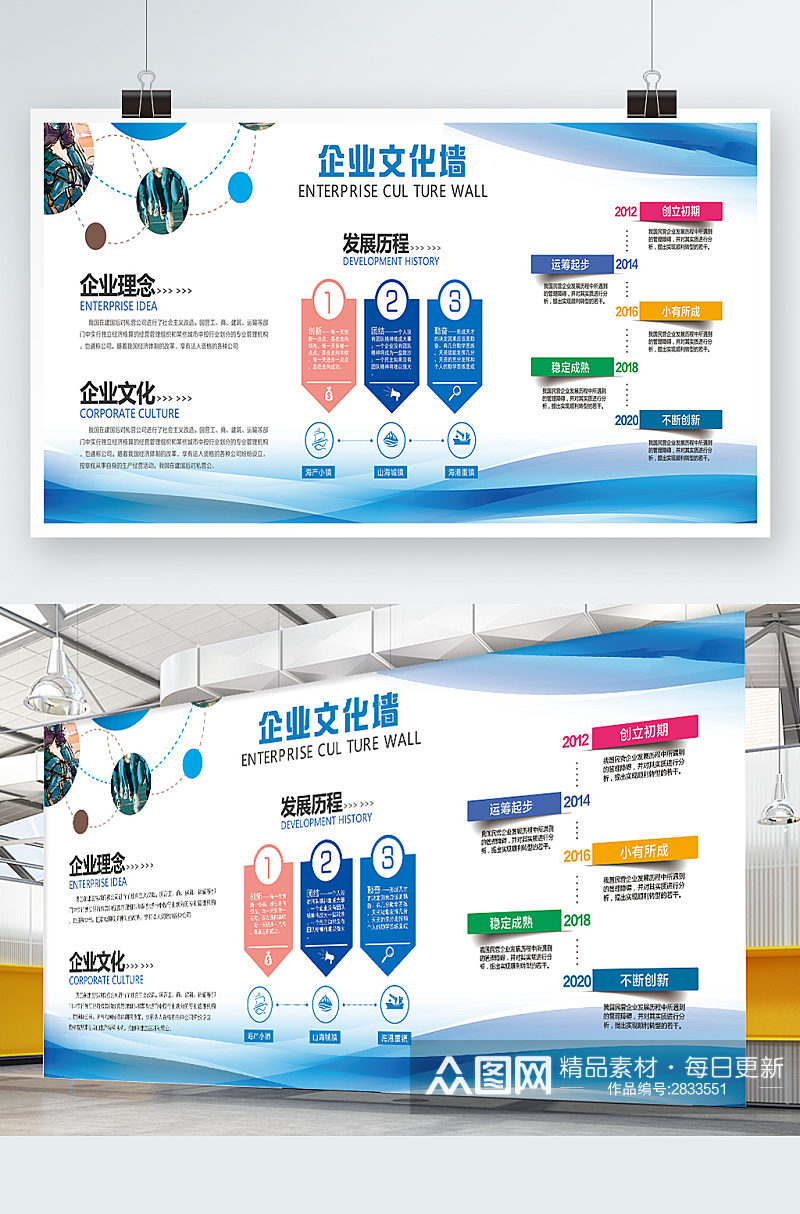 蓝色企业文化宣传理念文化墙设计素材