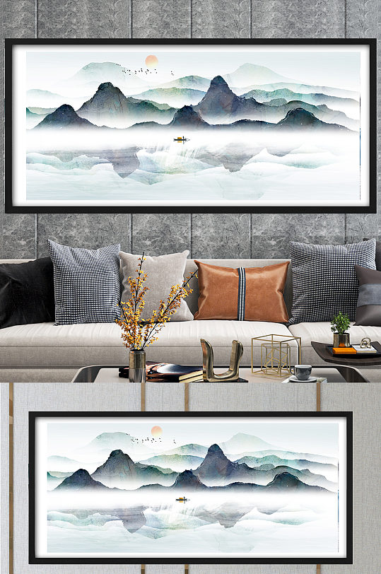 创意山水湖水风景装饰画设计-众图网