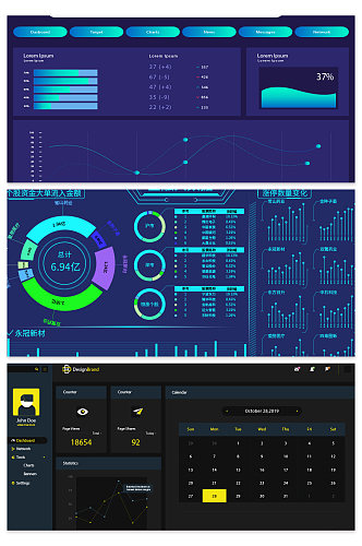 科技感数据显示扇形图折线图背景设计