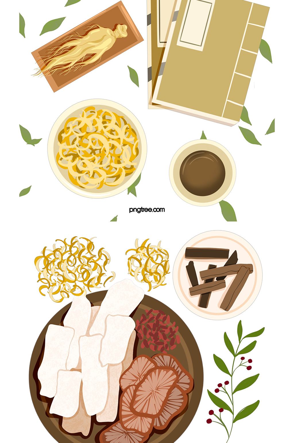 创意手绘插画药材中药元素设计素材