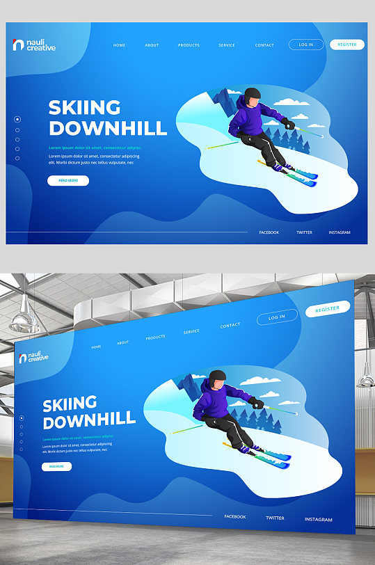 创意简约扁平化滑雪运动展板