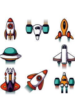 矢量卡通飞碟飞船火箭元素设计