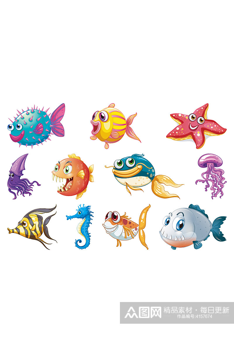 彩色海底鱼虾海报观赏鱼元素设计素材