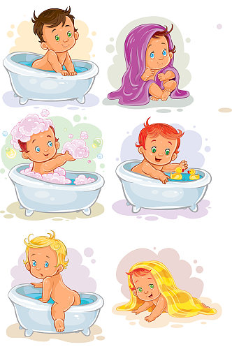 矢量卡通儿童洗澡沐浴元素设计