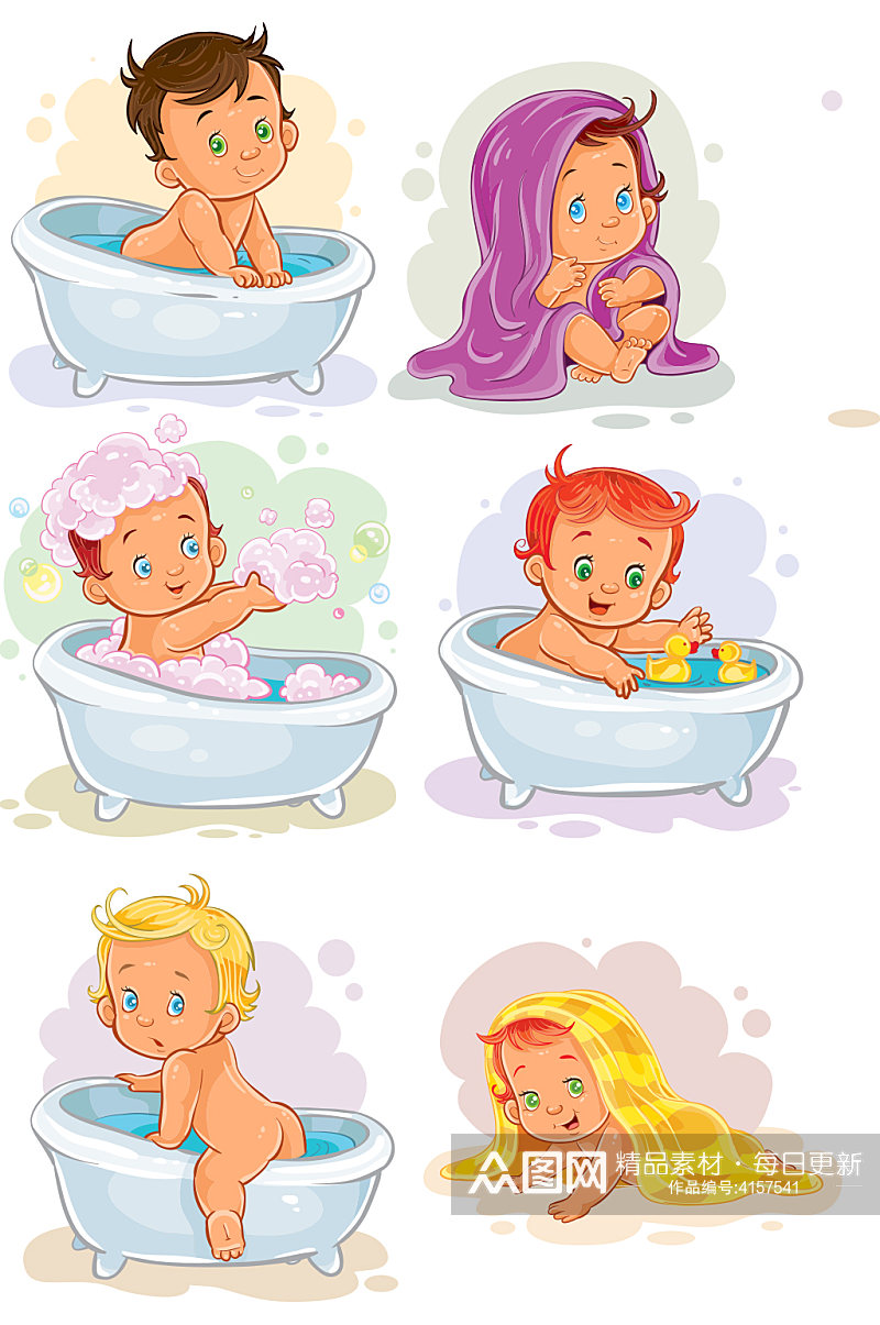 矢量卡通儿童洗澡沐浴元素设计素材