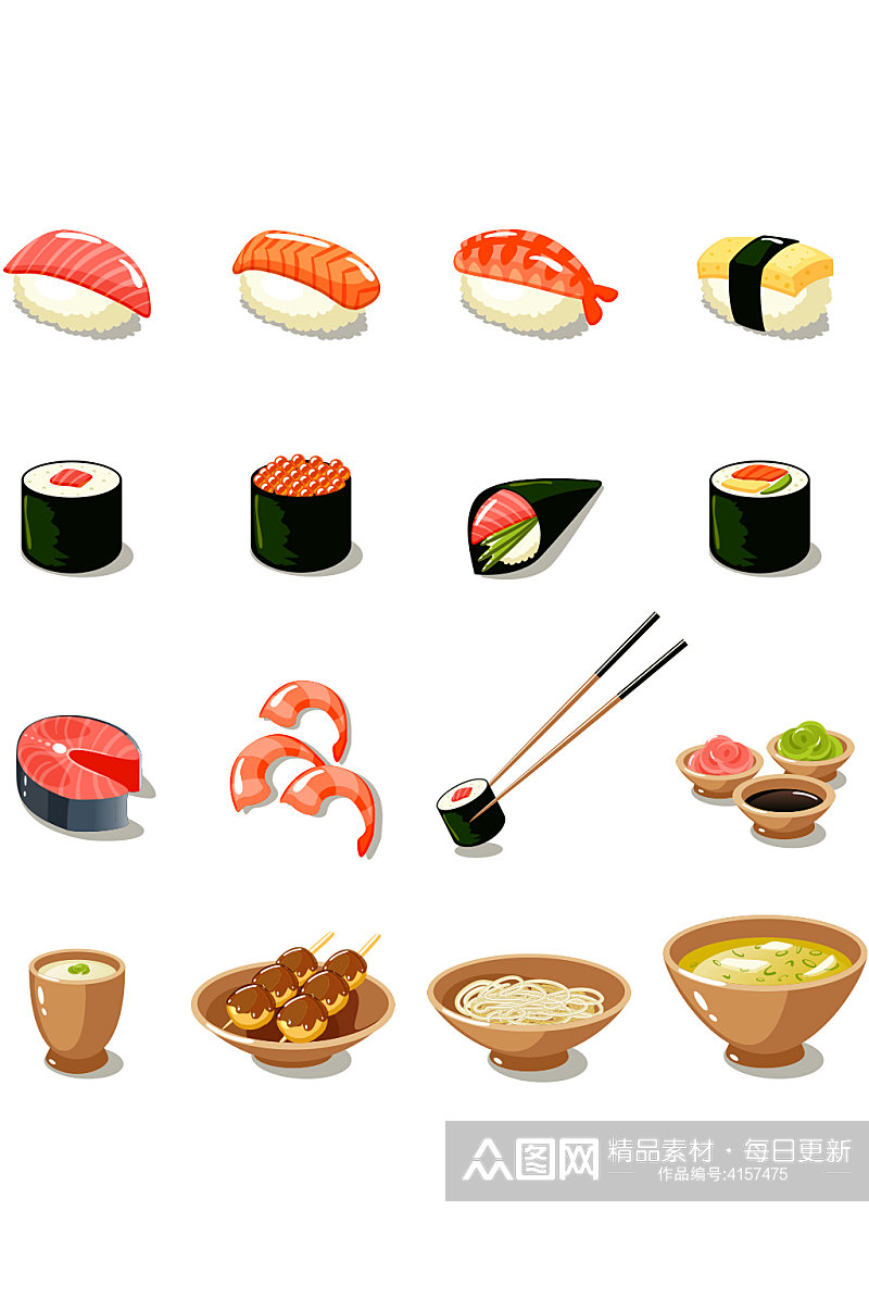 创意矢量寿司生鱼片面条元素设计素材