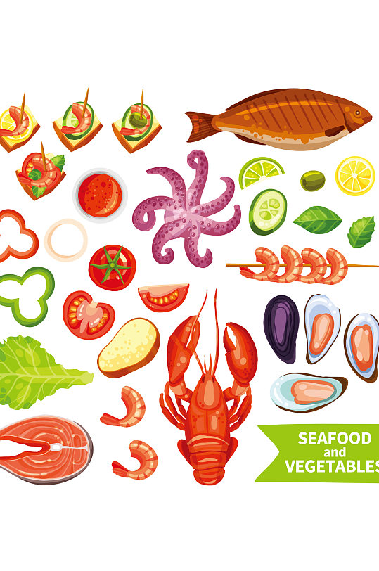 创意章鱼小龙虾螃蟹蔬菜元素设计