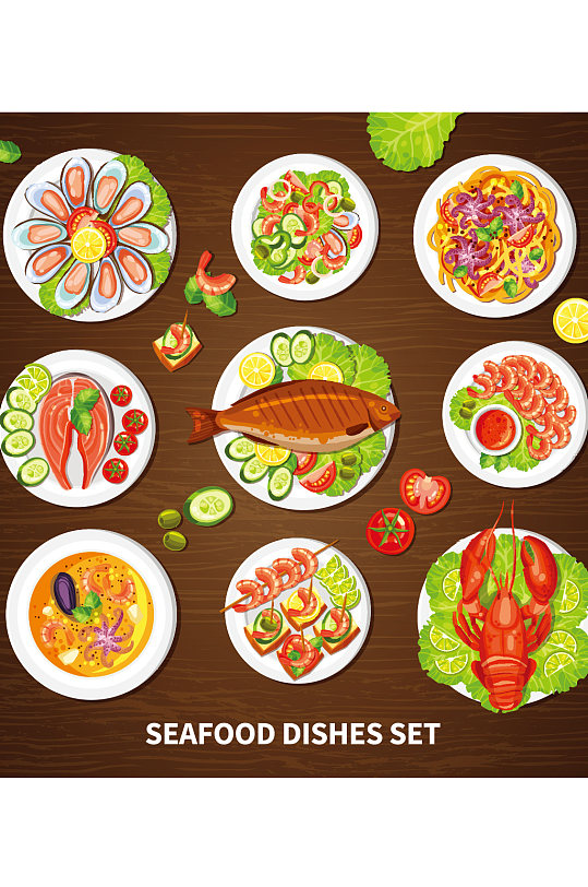 创意矢量食物美食鱼虾螃蟹元素设计