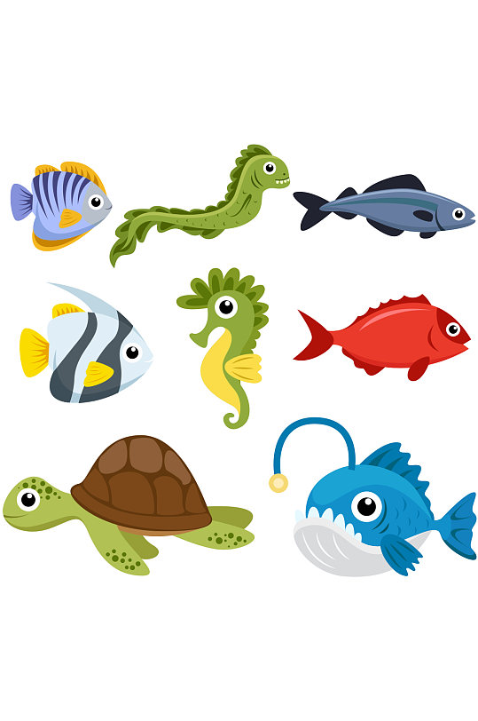 卡通矢量动物海龟鱼海马元素设计