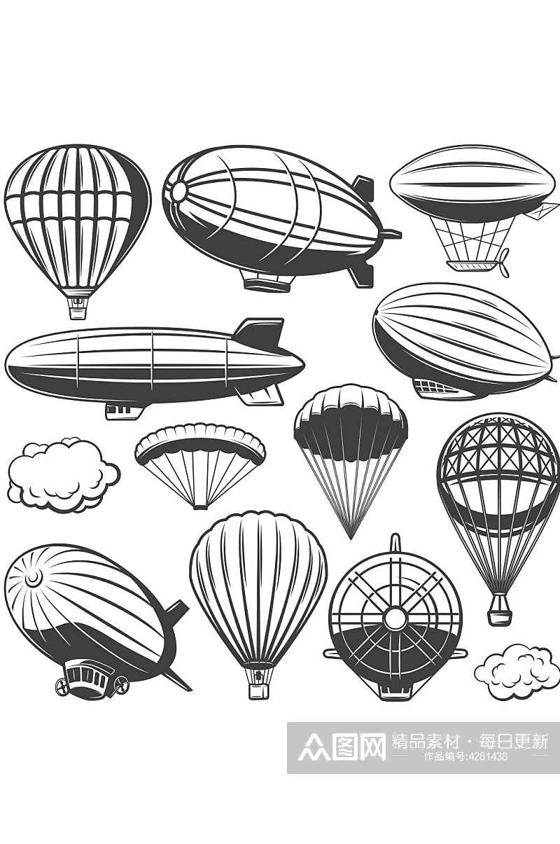 简约热气球飞船线条元素设计素材