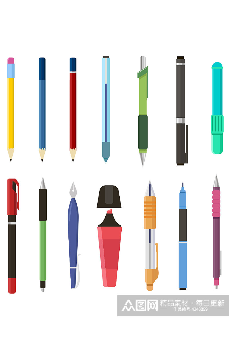 矢量彩色铅笔圆珠笔元素设计素材