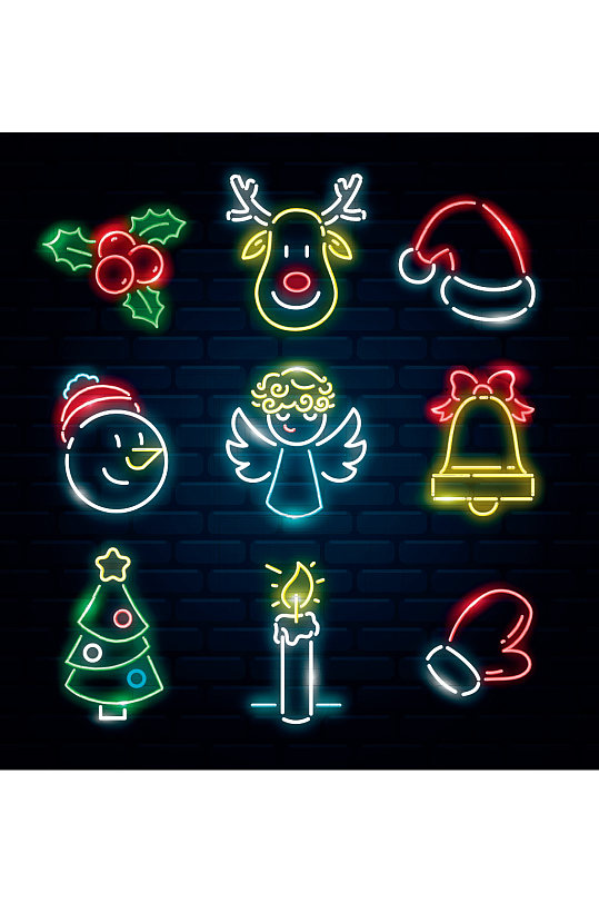 简约矢量霓虹圣诞节雪人圣诞树手套元素设计