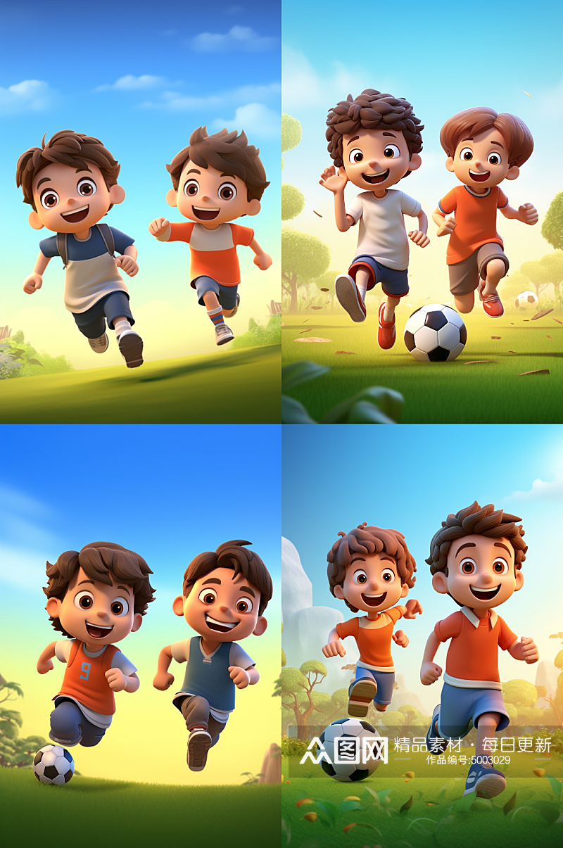 3D卡通小孩踢足球场景素材