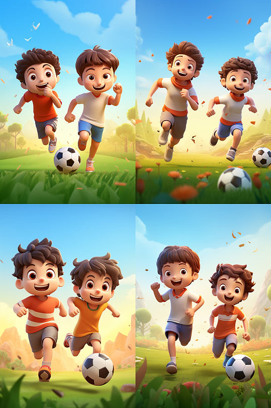 3D卡通儿童踢足球