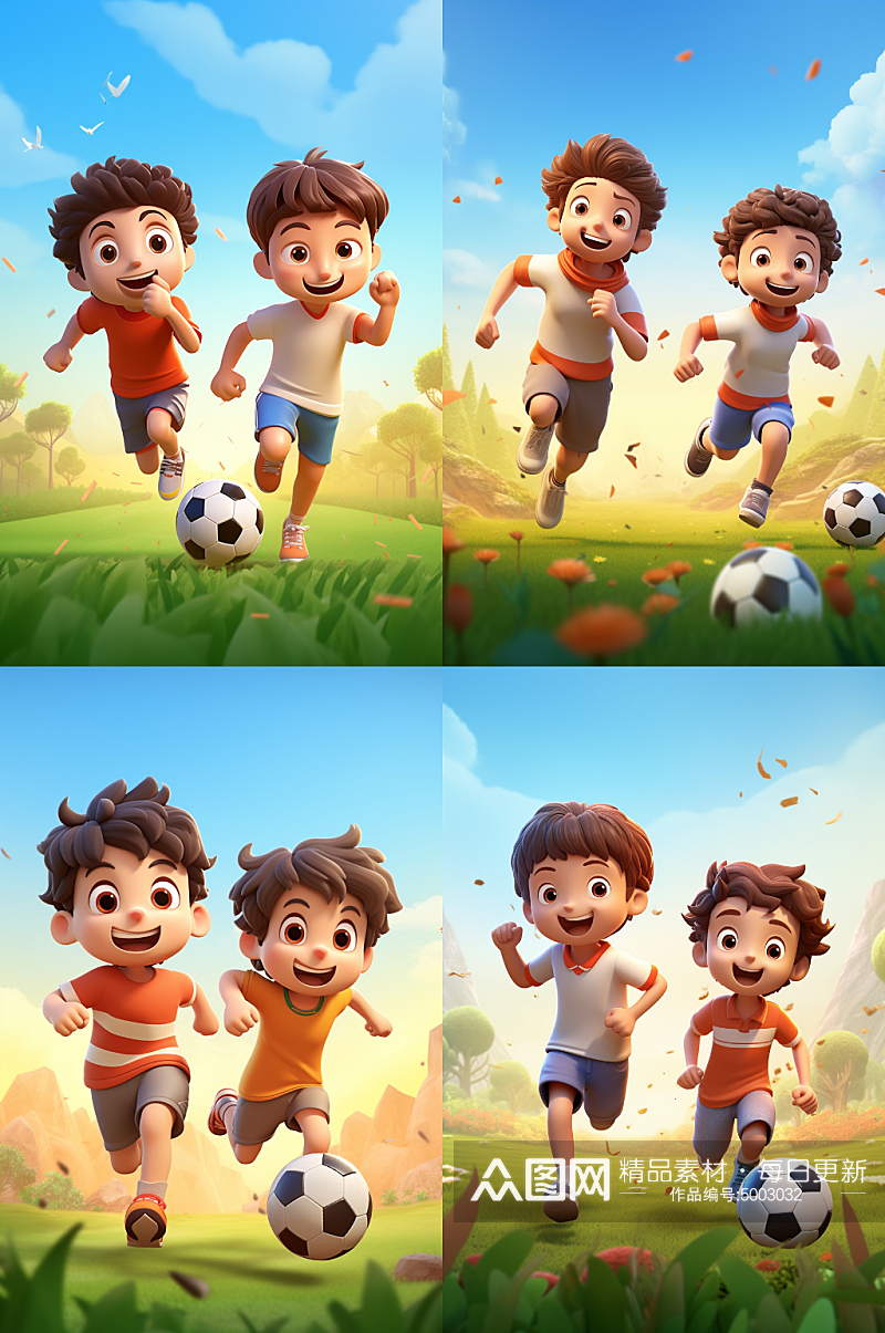 3D卡通儿童踢足球素材