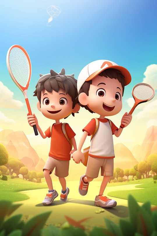 3D卡通两个男孩打羽毛球