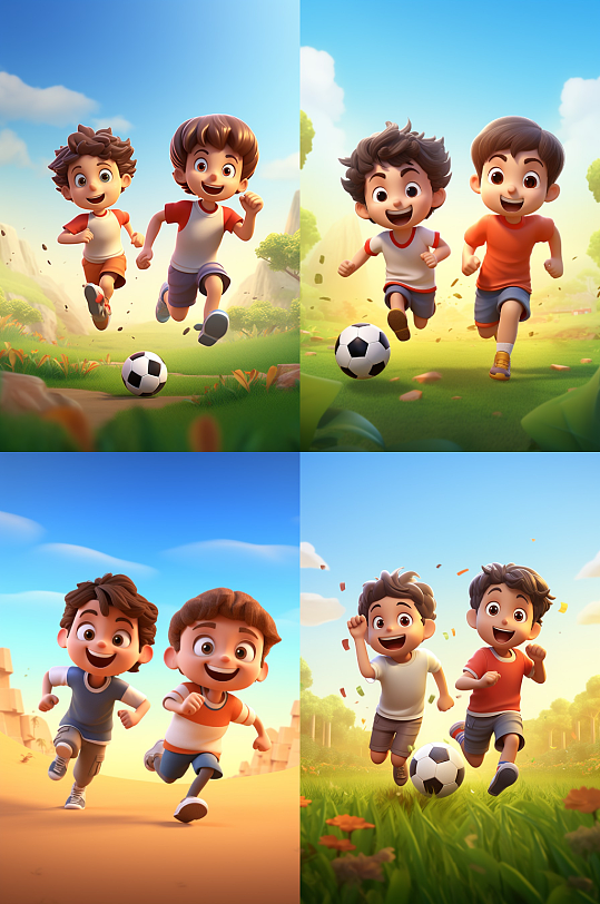 卡通儿童踢足球场景