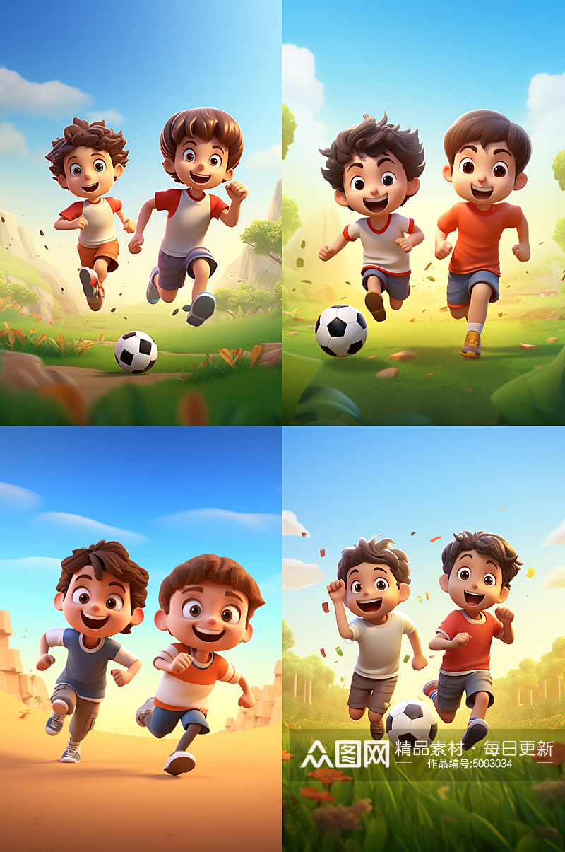卡通儿童踢足球场景素材