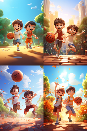 插画男孩道路上打篮球