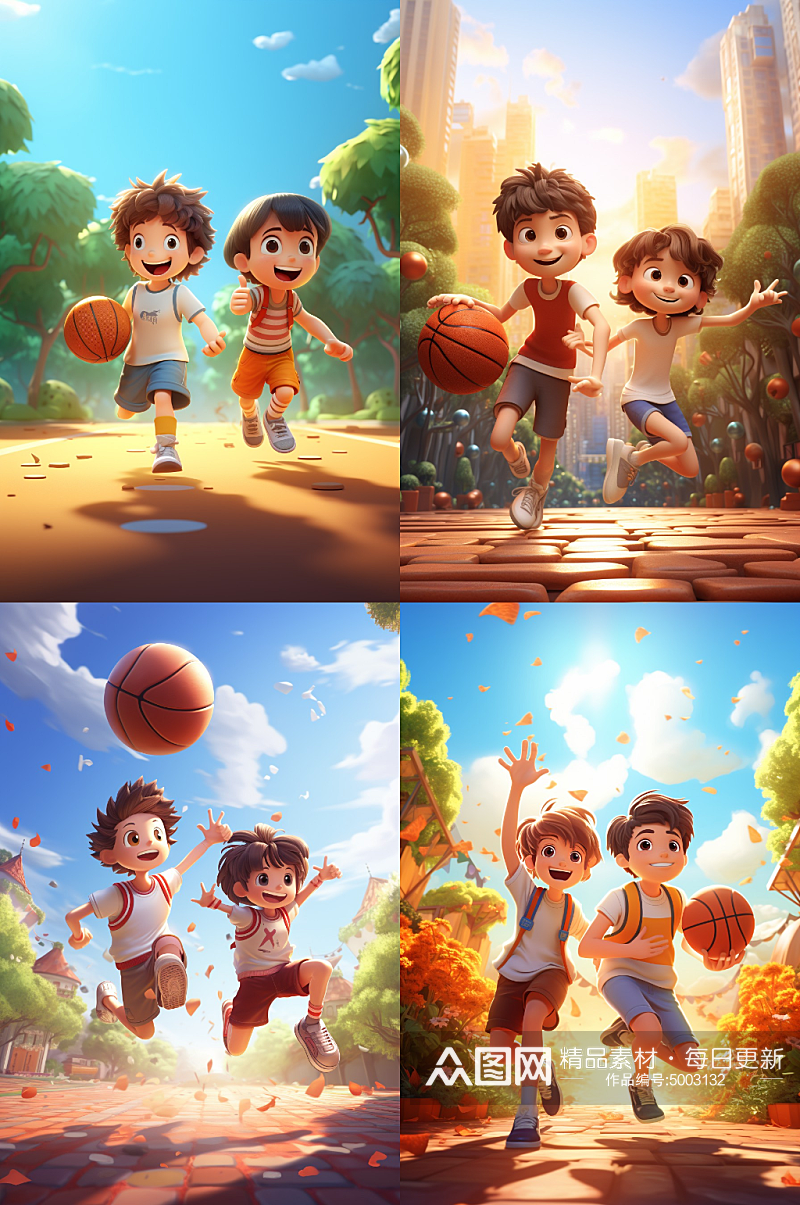 插画男孩道路上打篮球素材