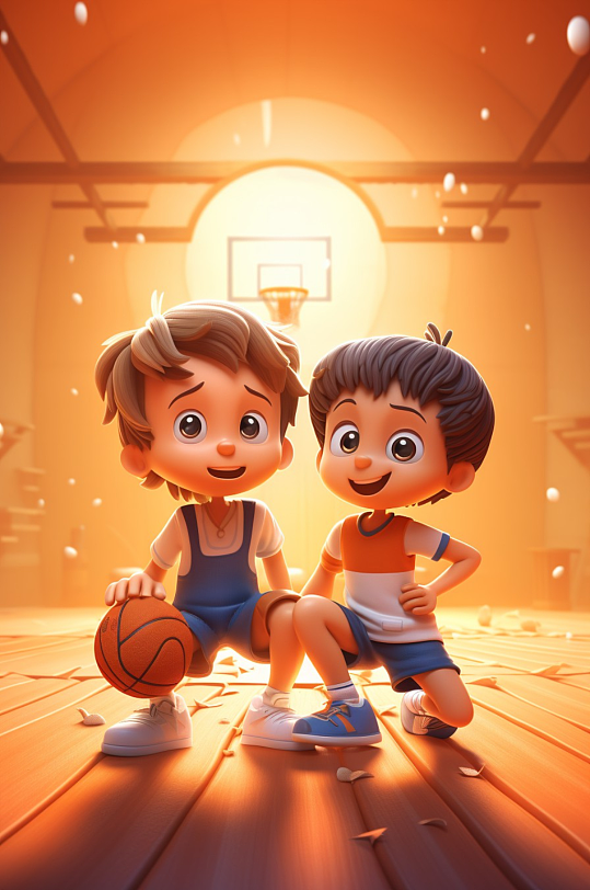插画室内打篮球的孩子