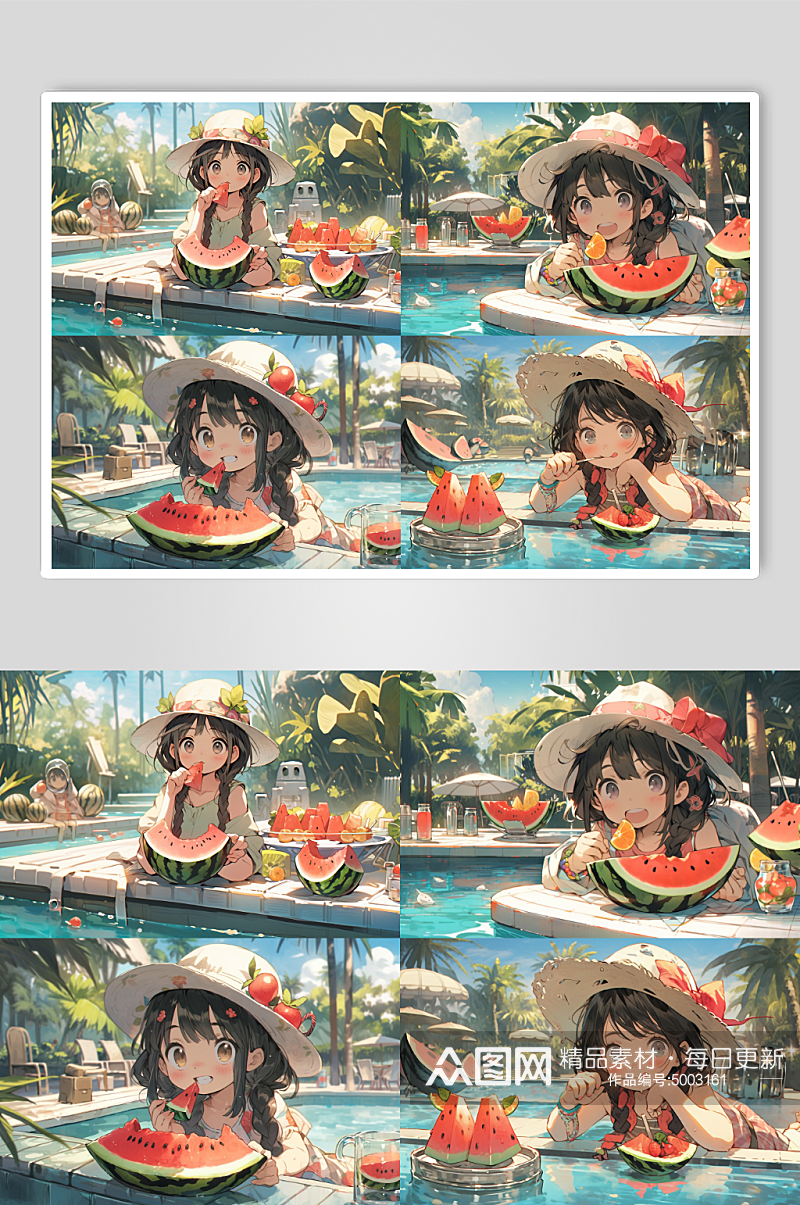 游泳池里吃西瓜的女孩素材