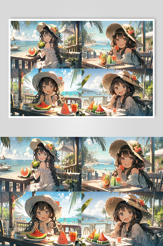 插画海边戴帽子吃西瓜的女孩