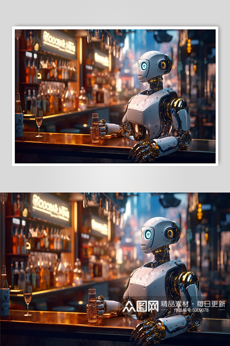 酒吧中拿着酒杯的机器人素材