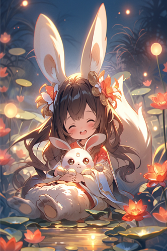 插画抱着兔子的女孩周围有很多莲花