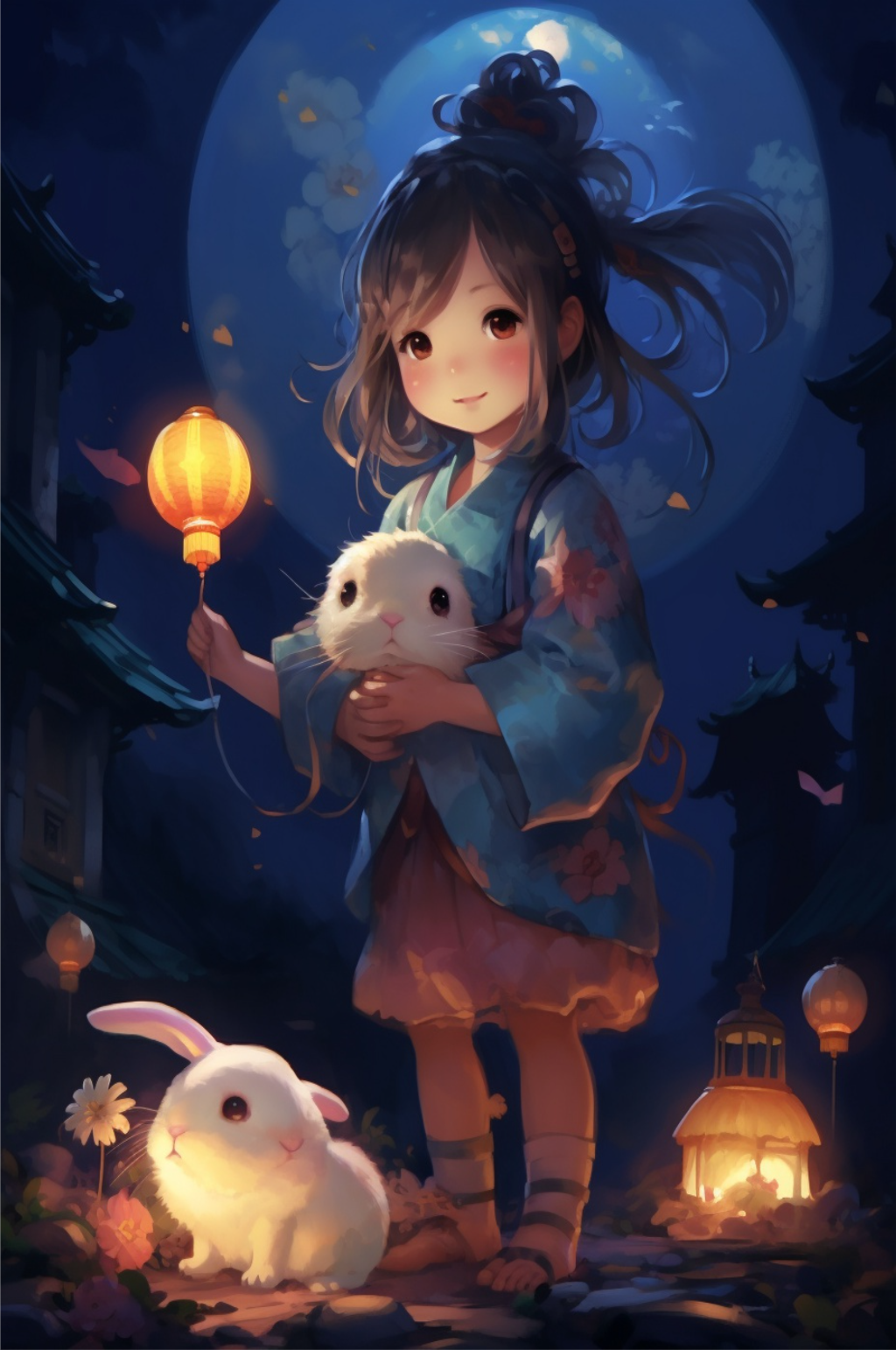 抱着兔子拿着灯的女孩素材
