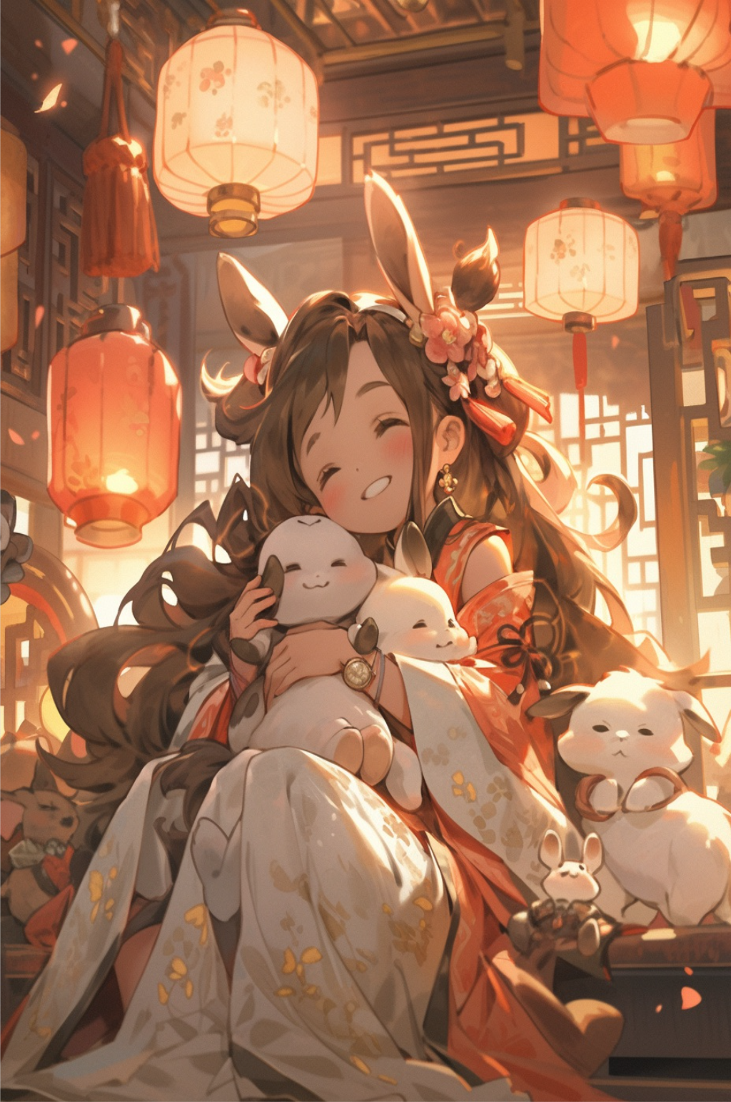 卡通女孩抱着可爱的兔子素材