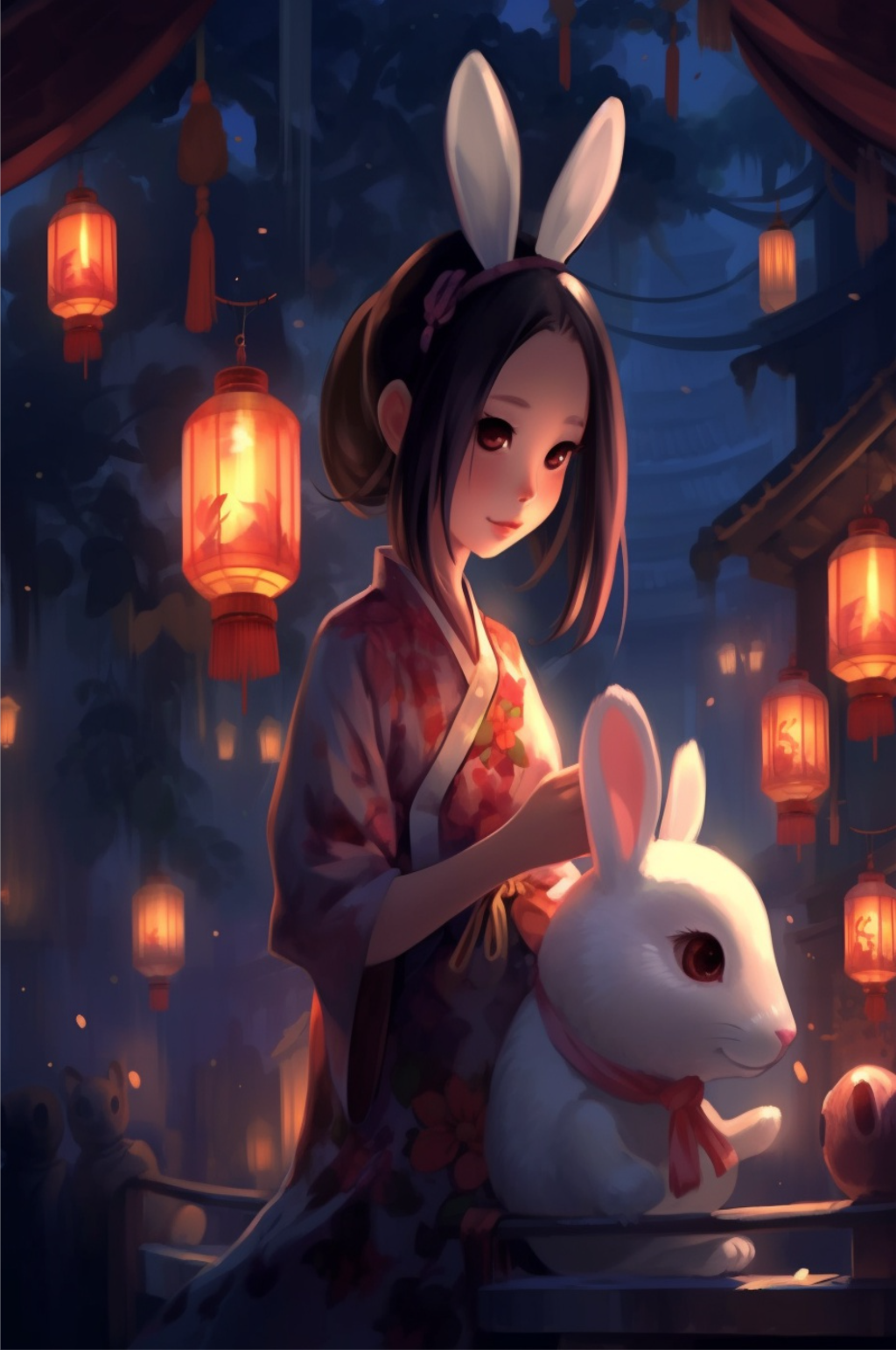 卡通女孩抱着可爱的兔子素材