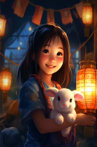 卡通女孩抱着可爱的兔子