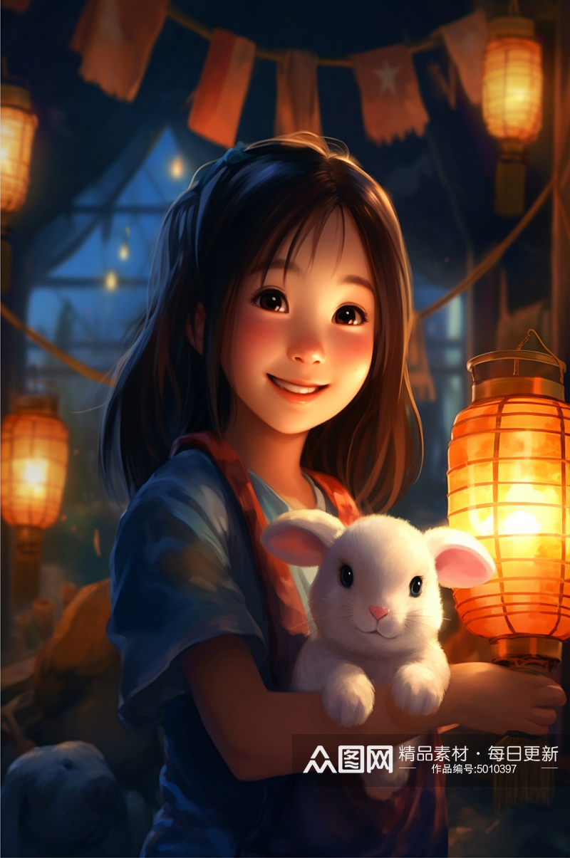 卡通女孩抱着可爱的兔子素材