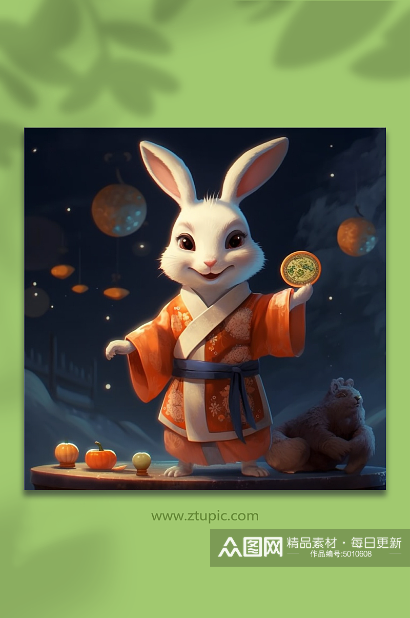 卡通拟人化兔子拿着月饼素材